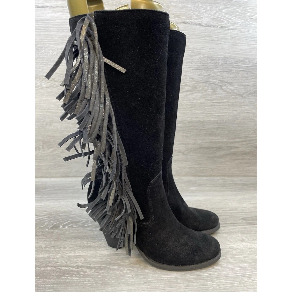 Reba‎ Cowgirl Black Suede Fringe Tall Boots 5.5 Leather Women's Western Boho